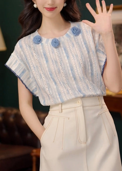 Cotton Summer T Blue Art Floral Out Shirt Hollow