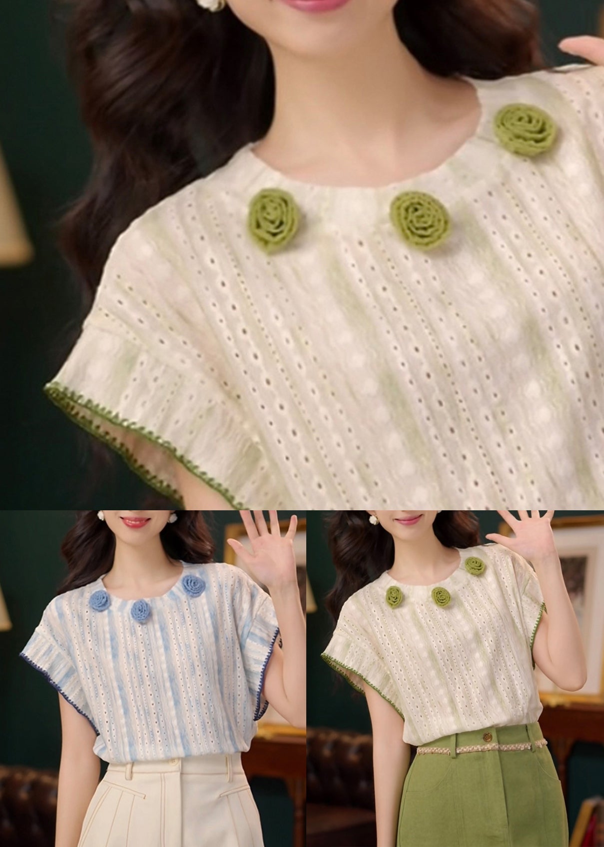 Cotton Summer T Blue Art Floral Out Shirt Hollow