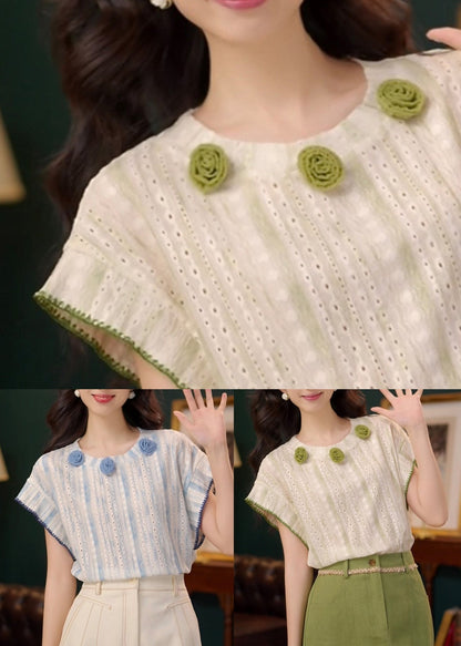 Cotton Summer T Blue Art Floral Out Shirt Hollow