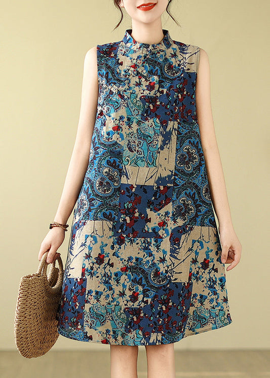 Sleeveless Mandarin Collar Cotton Blue Art Dress Print Mid