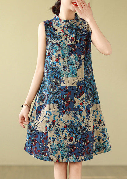 Sleeveless Mandarin Collar Cotton Blue Art Dress Print Mid