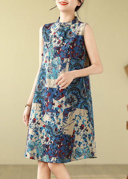 Sleeveless Mandarin Collar Cotton Blue Art Dress Print Mid