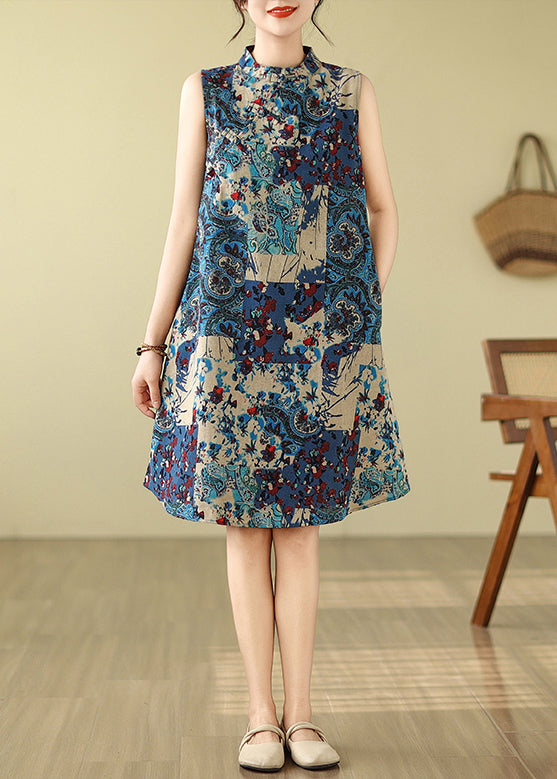 Sleeveless Mandarin Collar Cotton Blue Art Dress Print Mid