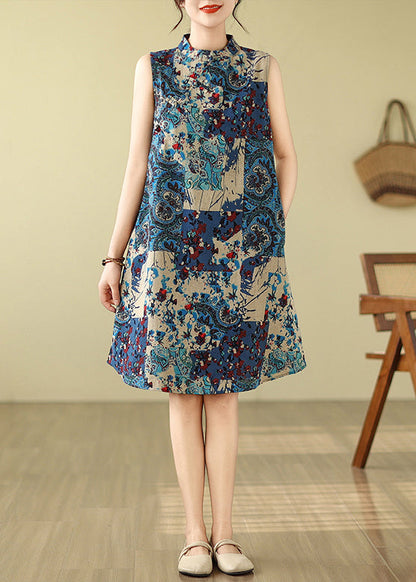 Sleeveless Mandarin Collar Cotton Blue Art Dress Print Mid