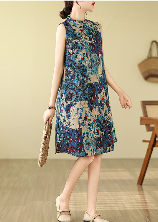 Mid Cotton Print Blue Collar Mandarin Art Dress Sleeveless
