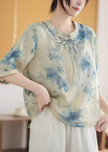 Top Mandarin Summer Print Art Linen Blue Collar
