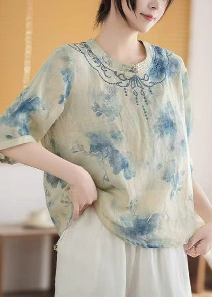 Top Mandarin Summer Print Art Linen Blue Collar