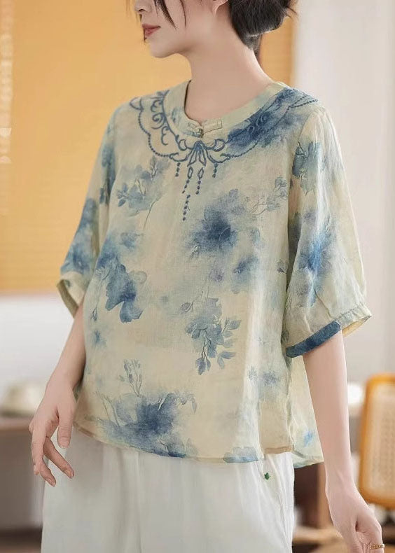 Top Mandarin Summer Print Art Linen Blue Collar
