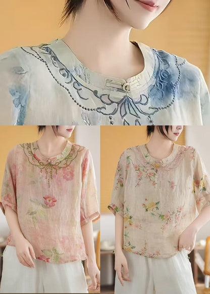 Top Mandarin Summer Print Art Linen Blue Collar