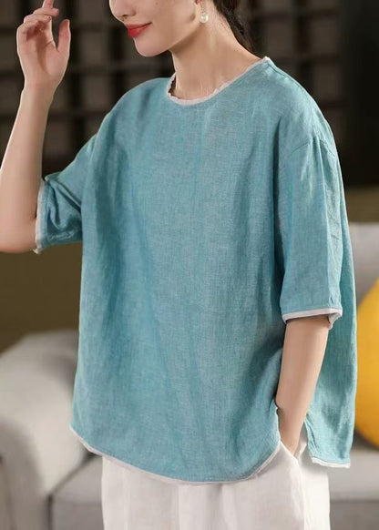 Tank Linen Blue Tops Art Sleeve Half O-Neck Patchwork