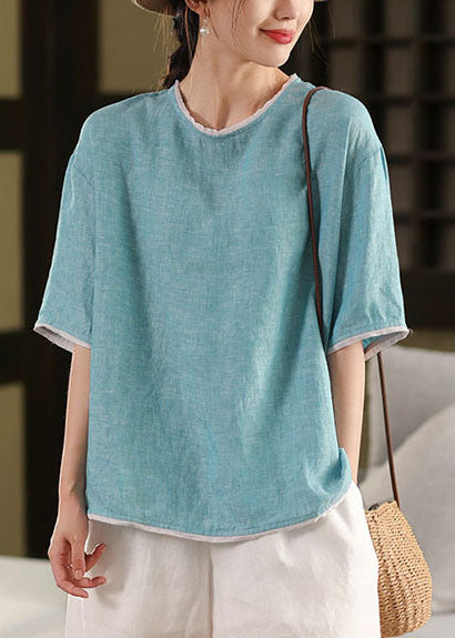 Tank Linen Blue Tops Art Sleeve Half O-Neck Patchwork