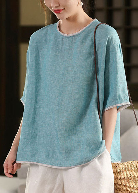Tank Linen Blue Tops Art Sleeve Half O-Neck Patchwork