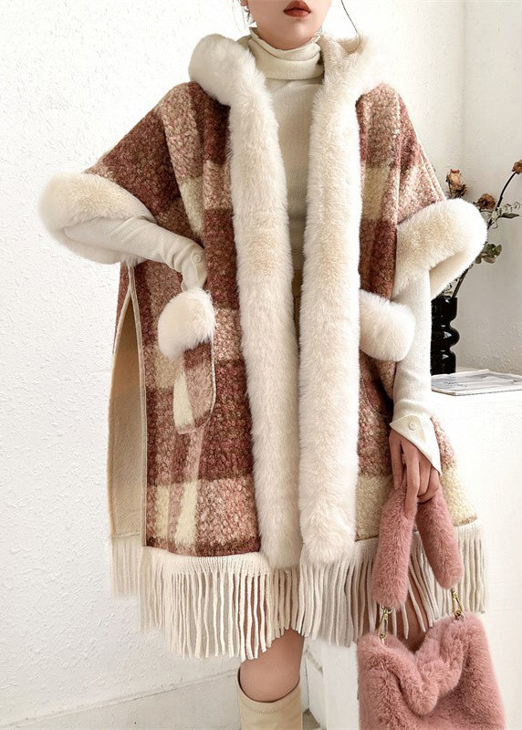 Art Blue Plaid Hooded Pockets Warm Fleece Cape Coat Spring YW006