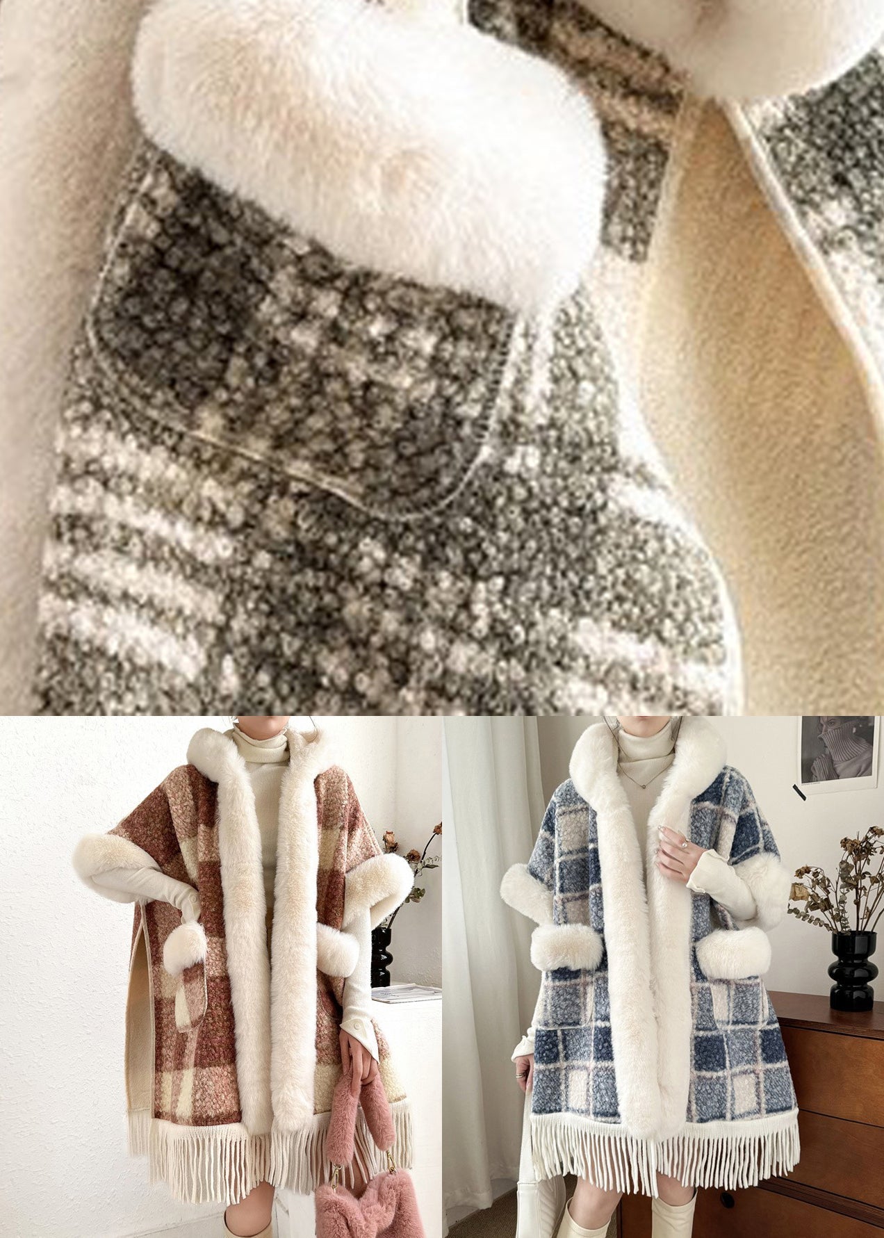 Art Blue Plaid Hooded Pockets Warm Fleece Cape Coat Spring YW006