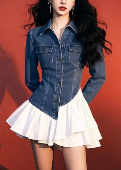 Pockets Two Blue Spring Fake Pieces Mid Dresses Art Denim