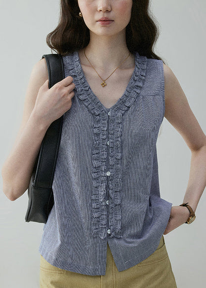 Ruffled Art Blouses Blue On Both Sides Cotton Wear Button