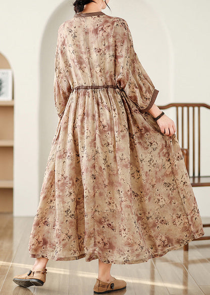 Bracelet Print Linen Art Dresses Brown Sleeve Maxi Cinched