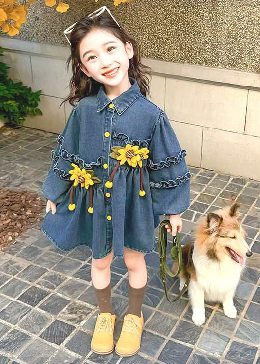 Art Denim Blue Ruffled Patchwork Button Girls Mid Dress Spring TV035