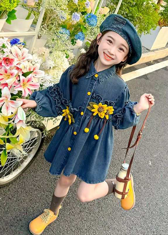 Art Denim Blue Ruffled Patchwork Button Girls Mid Dress Spring TV035