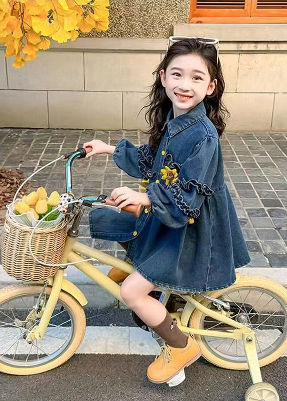 Art Denim Blue Ruffled Patchwork Button Girls Mid Dress Spring TV035