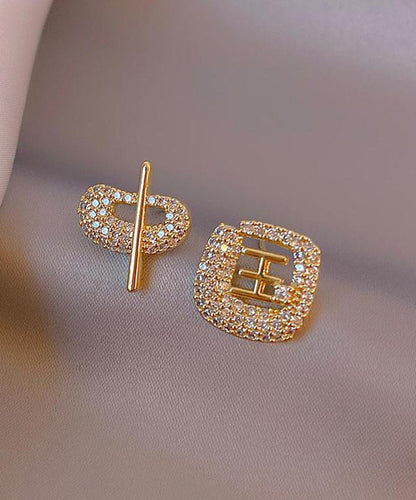 Art Gold 14K Gold Zircon Asymmetric Chinese Characters Stud Earrings TX021