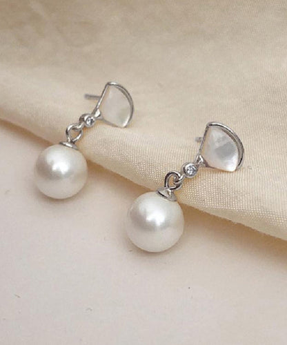 Art Gold Sterling Silver Overgild Fan Shaped Shell Pearl Drop Earrings PO067