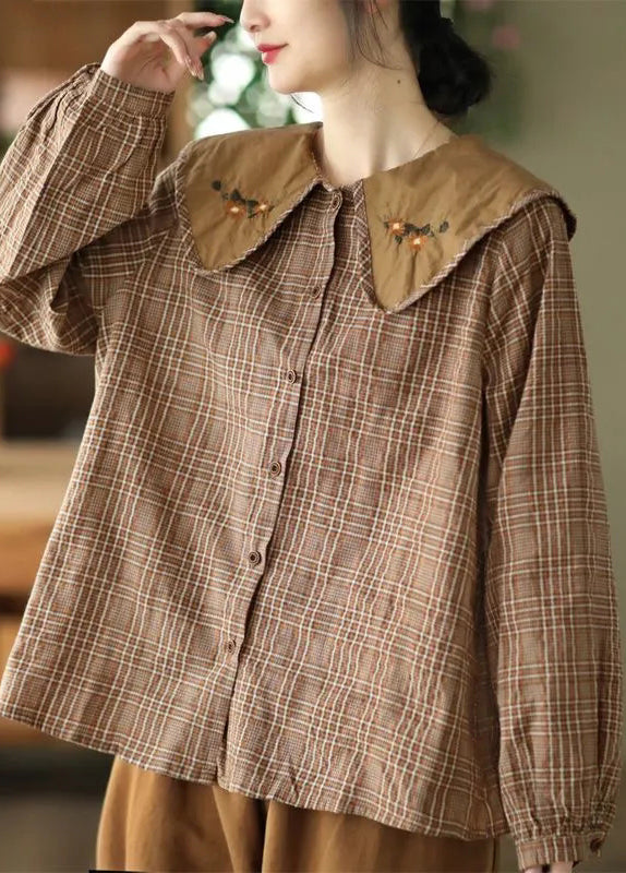 Embroidered Spring Cotton Green Blouses Art Plaid