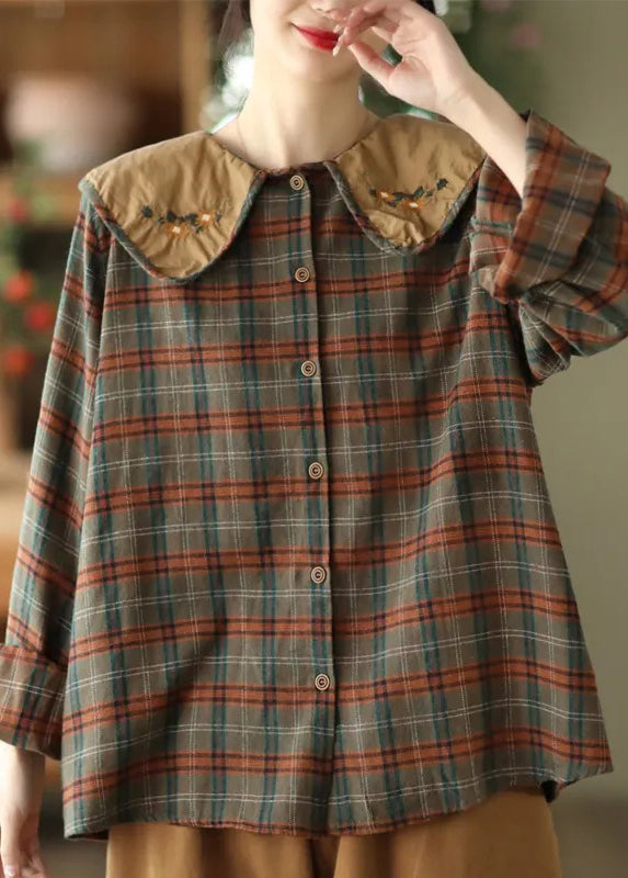 Spring Green Plaid Art Blouses Embroidered Cotton