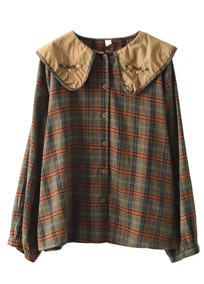 Spring Green Plaid Art Blouses Embroidered Cotton