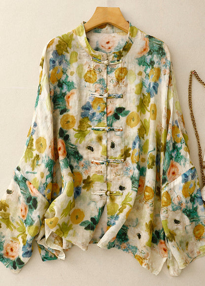 Shirts Art Linen Spring Green Button Chinese Print