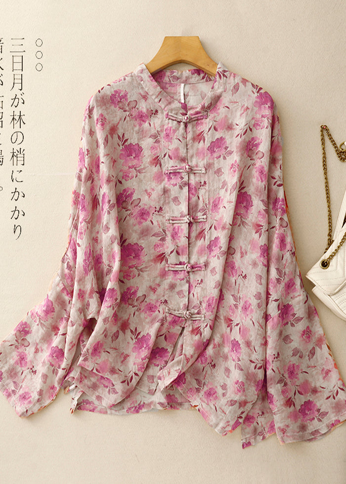 Shirts Art Linen Spring Green Button Chinese Print