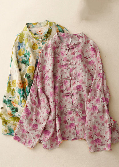 Shirts Art Linen Spring Green Button Chinese Print