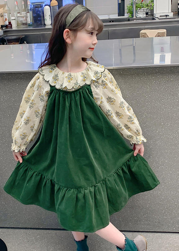 Art Green Shirts And Long Dress Kids Two Pieces Set Spring YE029