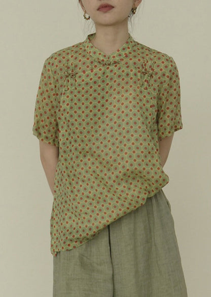 Art Green Stand Collar Dot Button Top Short Sleeve UU037