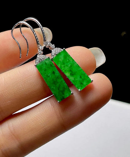 Art Green Sterling Silver Inlaid Zircon Rectangular Jade Drop Earrings AC1036