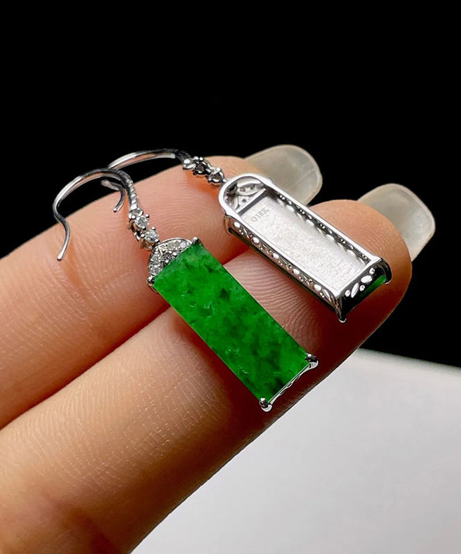 Art Green Sterling Silver Inlaid Zircon Rectangular Jade Drop Earrings AC1036