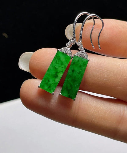 Art Green Sterling Silver Inlaid Zircon Rectangular Jade Drop Earrings AC1036