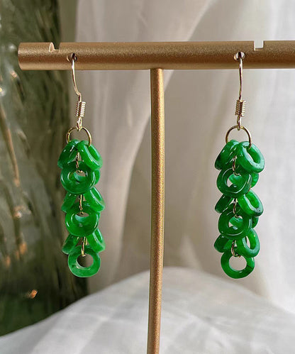 Art Green Sterling Silver Overgild Jade Tassel Drop Earrings GH1061