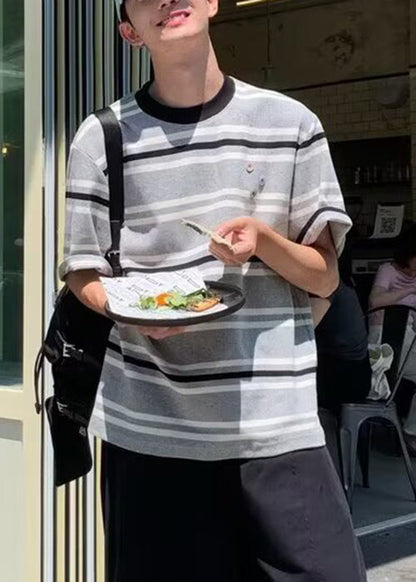 Men O Grey Cotton Art Striped Summer Neck T Shirts