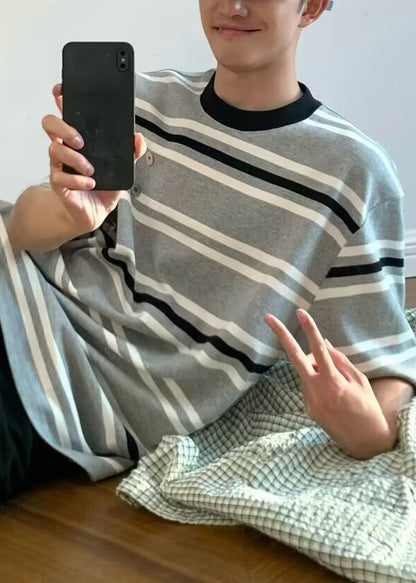 Men O Grey Cotton Art Striped Summer Neck T Shirts