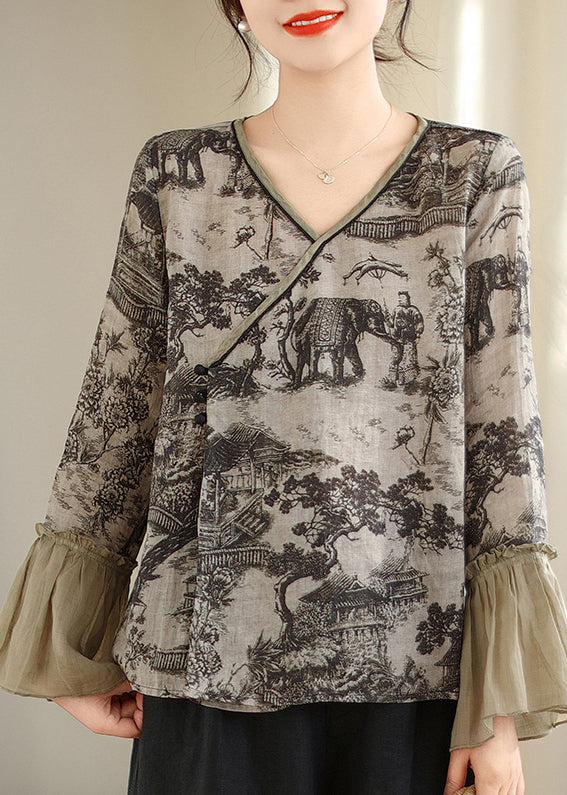 Art Grey Print Patchwork Linen Shirt Tops Flare Sleeve TM021