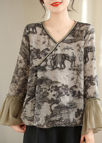 Art Grey Print Patchwork Linen Shirt Tops Flare Sleeve TM021