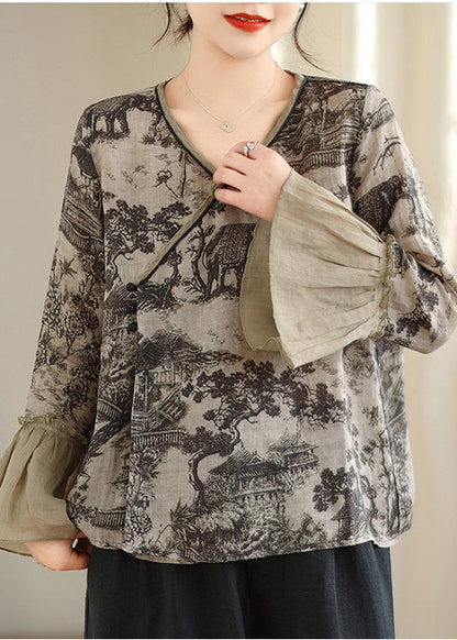Art Grey Print Patchwork Linen Shirt Tops Flare Sleeve TM021