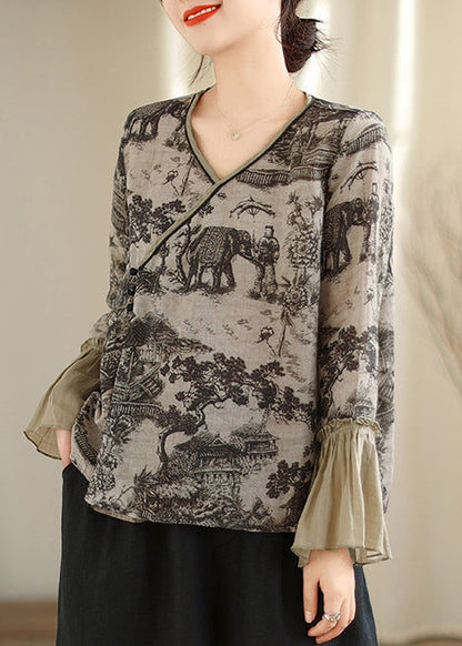 Art Grey Print Patchwork Linen Shirt Tops Flare Sleeve TM021