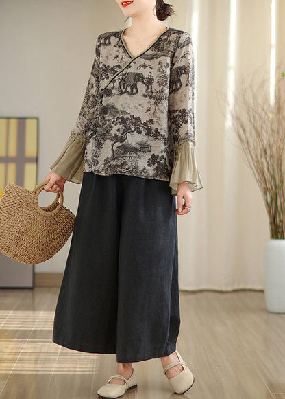 Art Grey Print Patchwork Linen Shirt Tops Flare Sleeve TM021