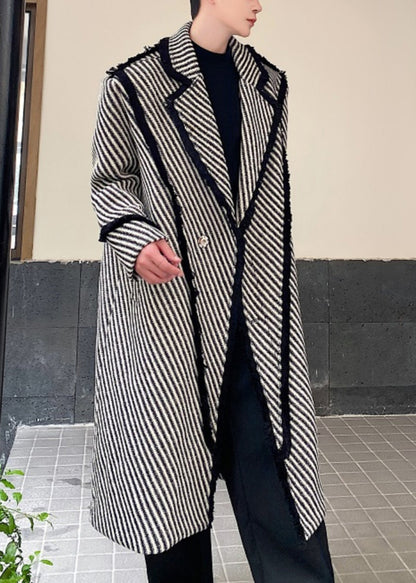 Art Grey Striped Button Woolen Mens Long Coats Winter RO047