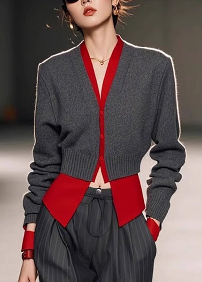 Art Pieces Knit Patchwork Sweater Spring Neck Grey V Two False