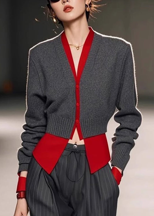 Art Pieces Knit Patchwork Sweater Spring Neck Grey V Two False