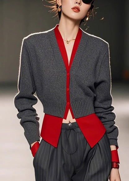 Art Pieces Knit Patchwork Sweater Spring Neck Grey V Two False