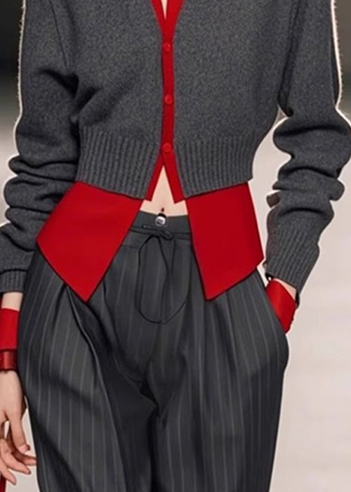 Art Pieces Knit Patchwork Sweater Spring Neck Grey V Two False